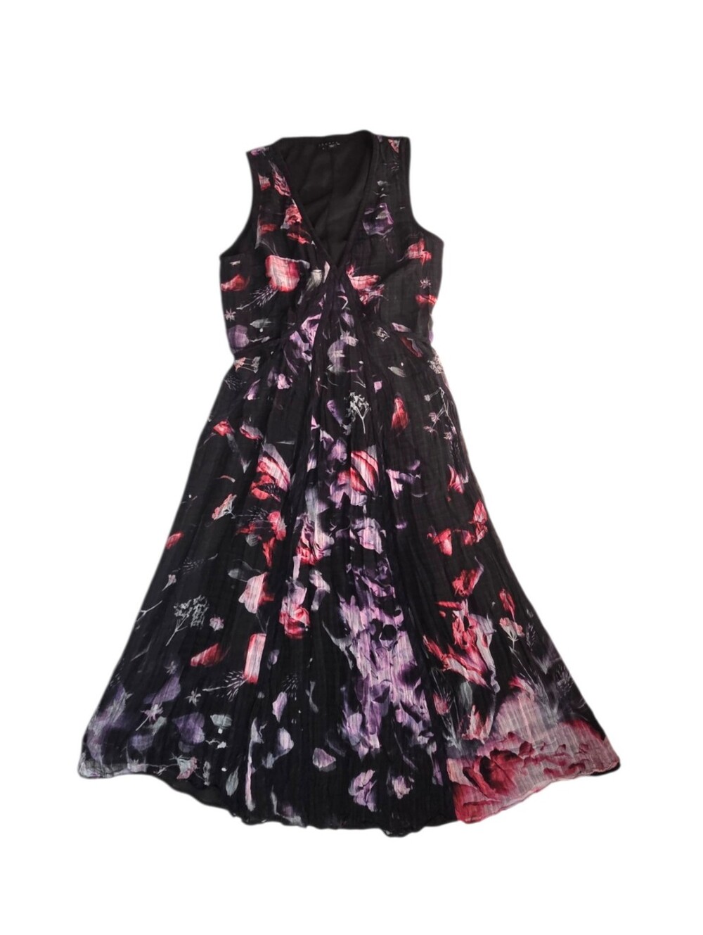 Theory Black Silk Bamboo Abstract Floral Pleated Midi Dress Size 6